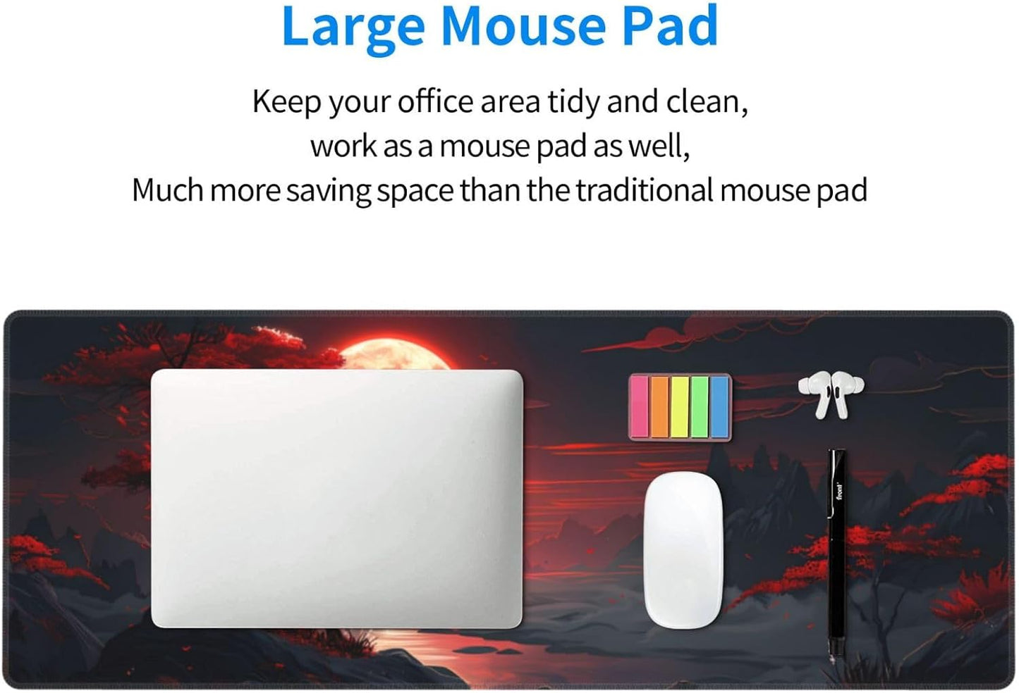 Gaming Mouse Pad Desk Pad,Extended Big Mouse Pad,31.5X11.8 Inch Long Computer Keyboard Mouse Mat Mousepad with 3Mm Non-Slip Base and Stitched Edge for Gaming and Office… (Red Moon Canyon)