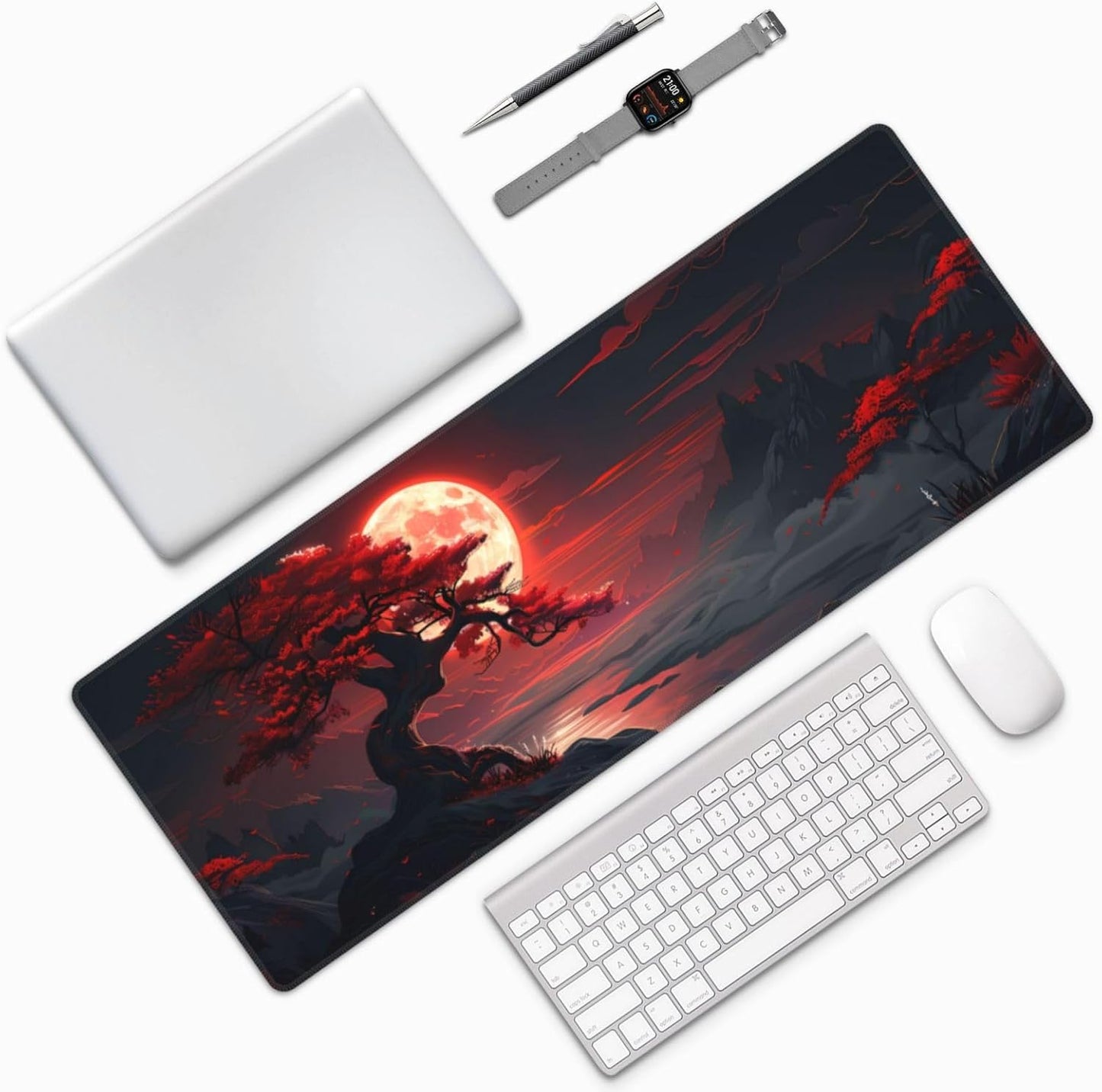 Gaming Mouse Pad Desk Pad,Extended Big Mouse Pad,31.5X11.8 Inch Long Computer Keyboard Mouse Mat Mousepad with 3Mm Non-Slip Base and Stitched Edge for Gaming and Office… (Red Moon Canyon)