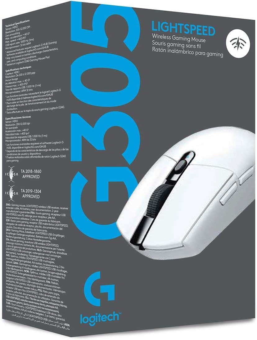 305 LIGHTSPEED Wireless Gaming Mouse, Hero 12K Sensor, 12,000 DPI, Lightweight, 6 Programmable Buttons, 250H Battery Life, On-Board Memory, Pc/Mac - White