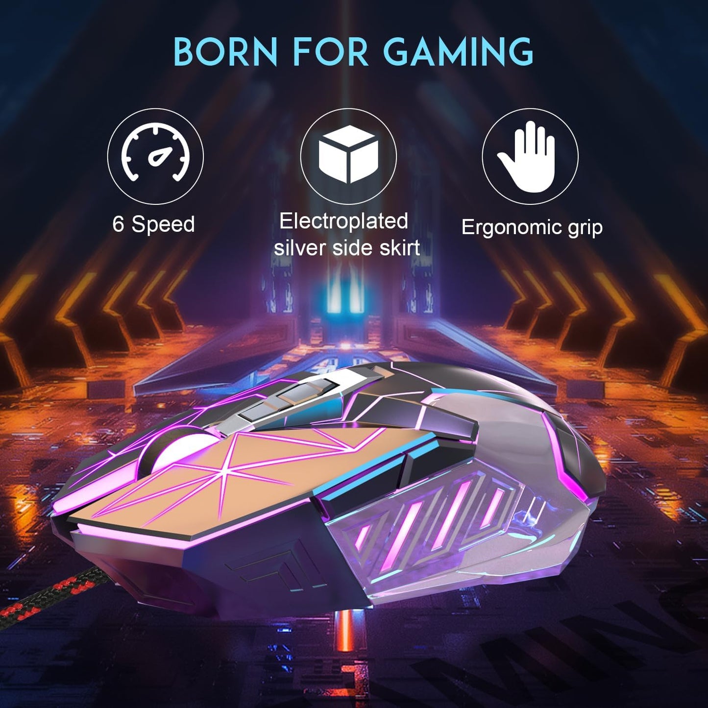 G10 Wired Gaming Mouse, LED Backlit, Ergonomic, 6 Adjustable Speeds
