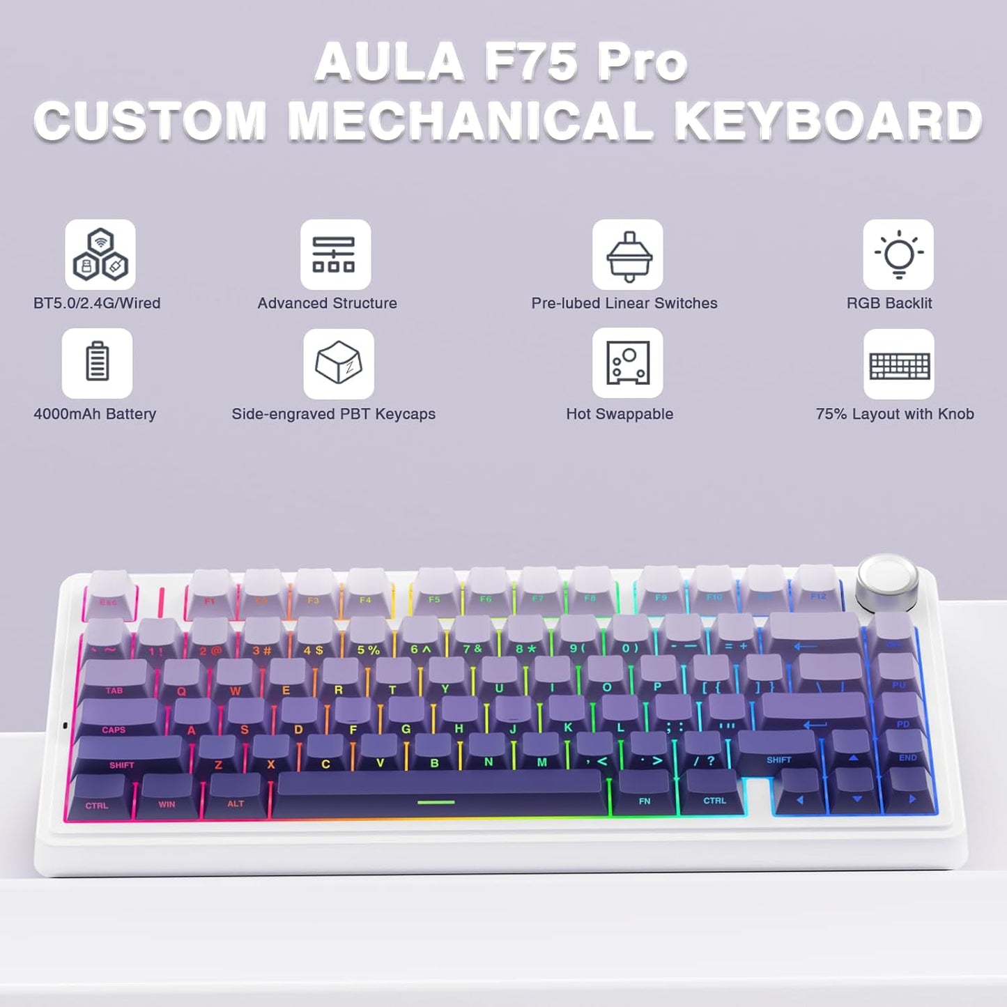 F75 Pro Wireless Mechanical Keyboard,75% Hot Swappable Custom Keyboard,Rgb Backlit,Pre-Lubed Linear Switches,Side Printed PBT Keycaps Mechanical Gaming Keyboards,Gradient Purple