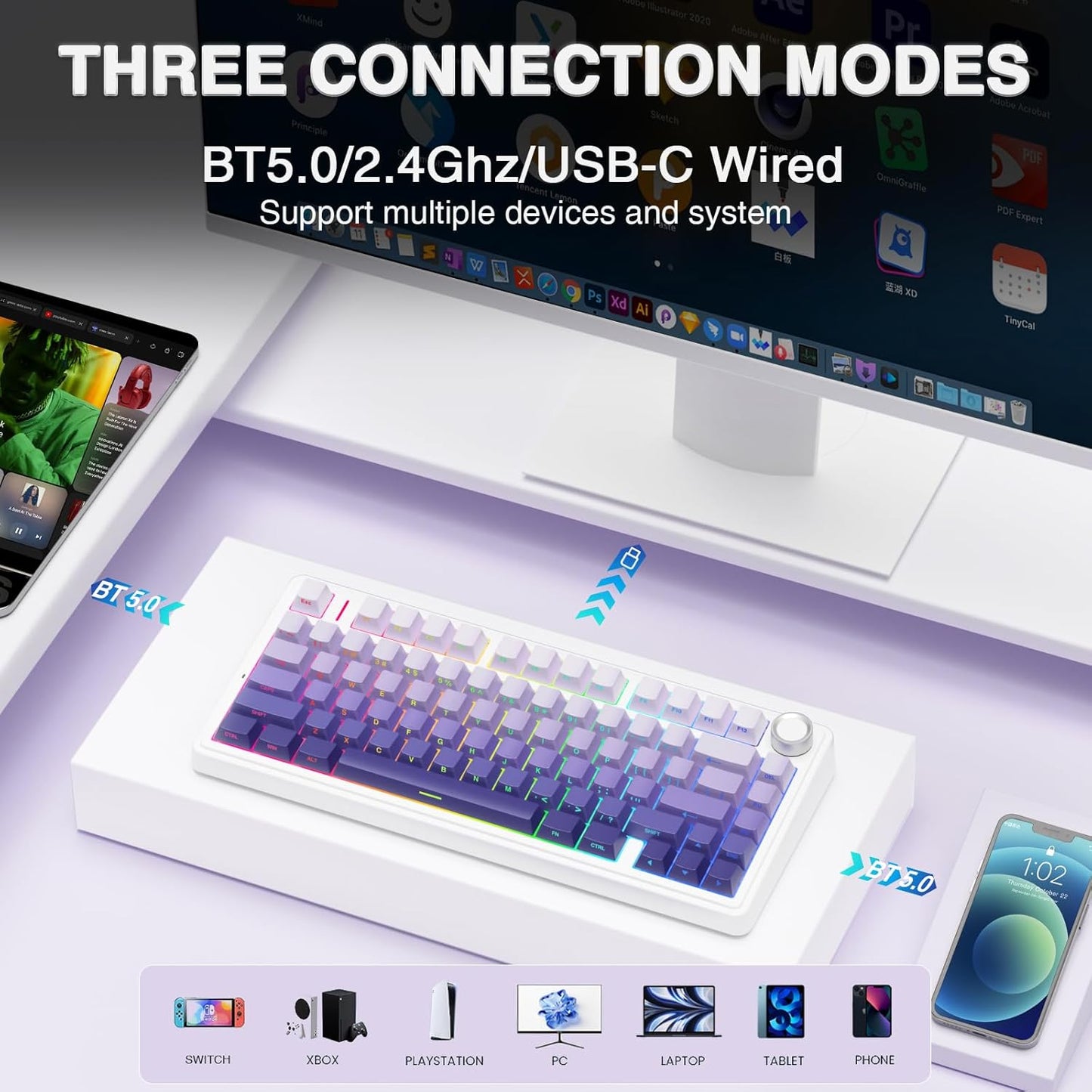 F75 Pro Wireless Mechanical Keyboard,75% Hot Swappable Custom Keyboard,Rgb Backlit,Pre-Lubed Linear Switches,Side Printed PBT Keycaps Mechanical Gaming Keyboards,Gradient Purple