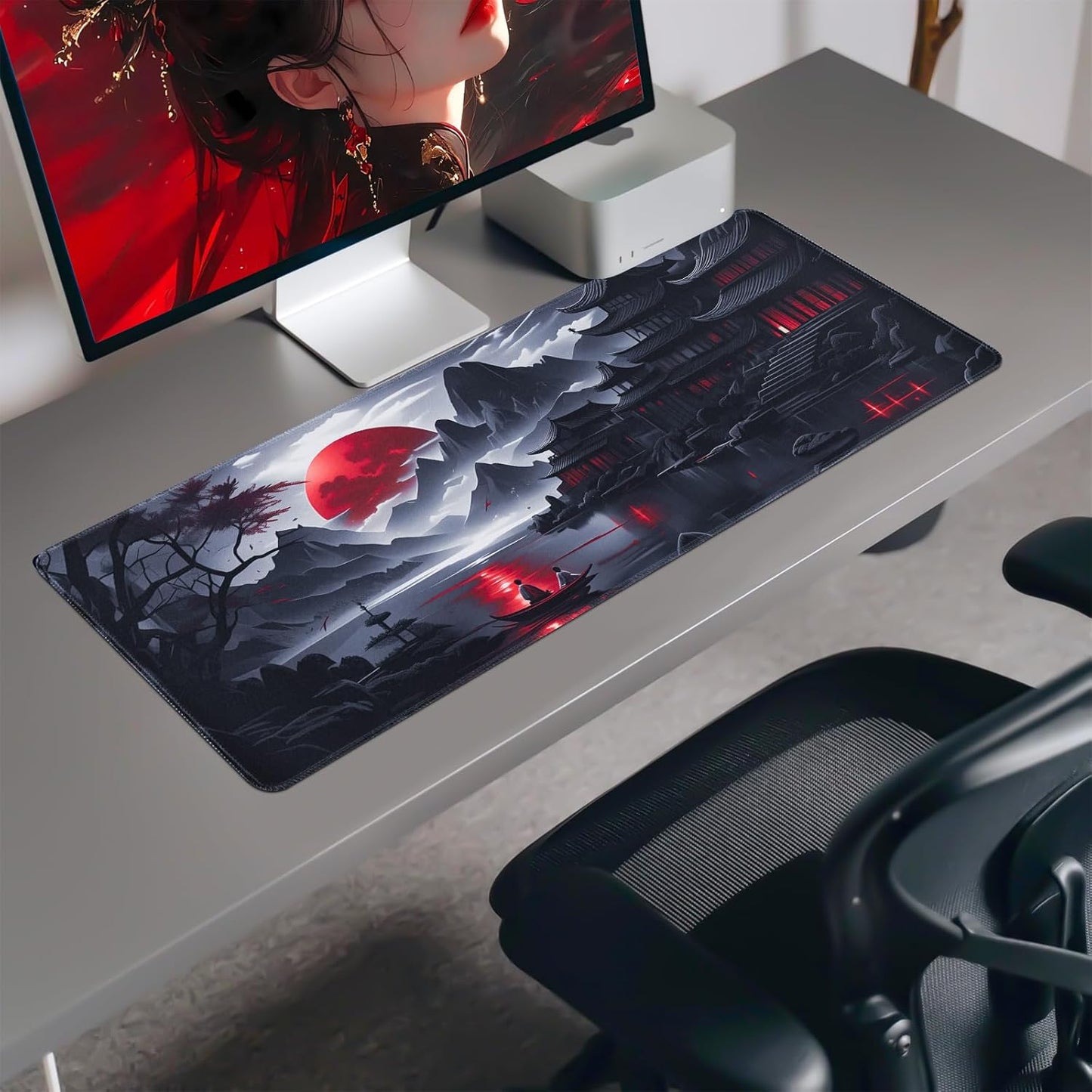 Large Gaming Mouse Pad, Anime Black Mousepad with Stitched Edges, Expanded Cool Desk Mat, Japanese Red Moon XL Keyboard Mat Suitable for Home Office,31.5 X 11.8 Inch