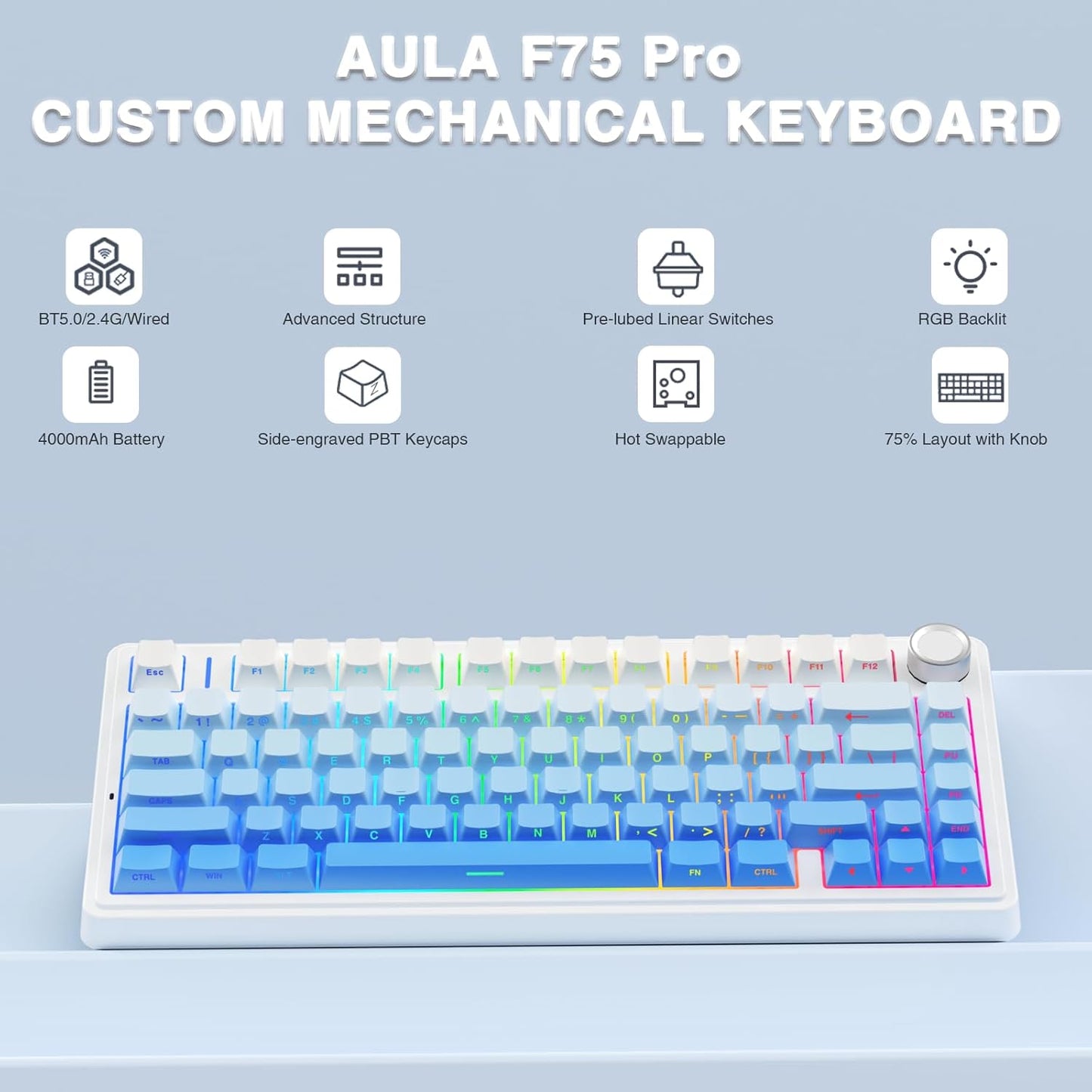 F75 Pro Wireless Mechanical Keyboard,75% Hot Swappable Custom Keyboard,Rgb Backlit,Pre-Lubed Linear Switches,Side Printed PBT Keycaps Mechanical Gaming Keyboards,Gradient Blue