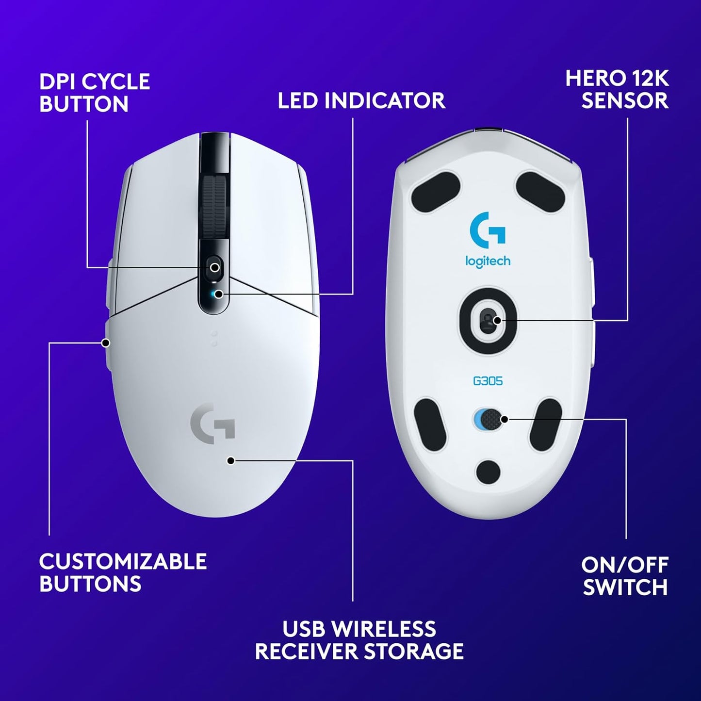 305 LIGHTSPEED Wireless Gaming Mouse, Hero 12K Sensor, 12,000 DPI, Lightweight, 6 Programmable Buttons, 250H Battery Life, On-Board Memory, Pc/Mac - White