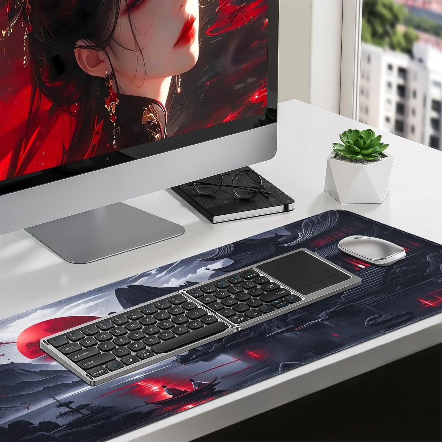 Large Gaming Mouse Pad, Anime Black Mousepad with Stitched Edges, Expanded Cool Desk Mat, Japanese Red Moon XL Keyboard Mat Suitable for Home Office,31.5 X 11.8 Inch