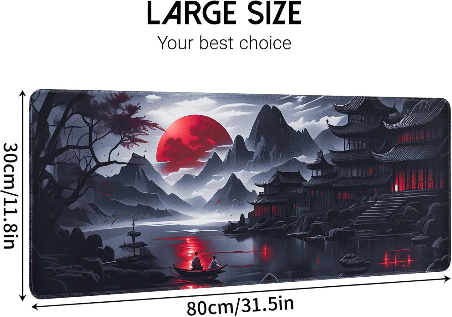Large Gaming Mouse Pad, Anime Black Mousepad with Stitched Edges, Expanded Cool Desk Mat, Japanese Red Moon XL Keyboard Mat Suitable for Home Office,31.5 X 11.8 Inch