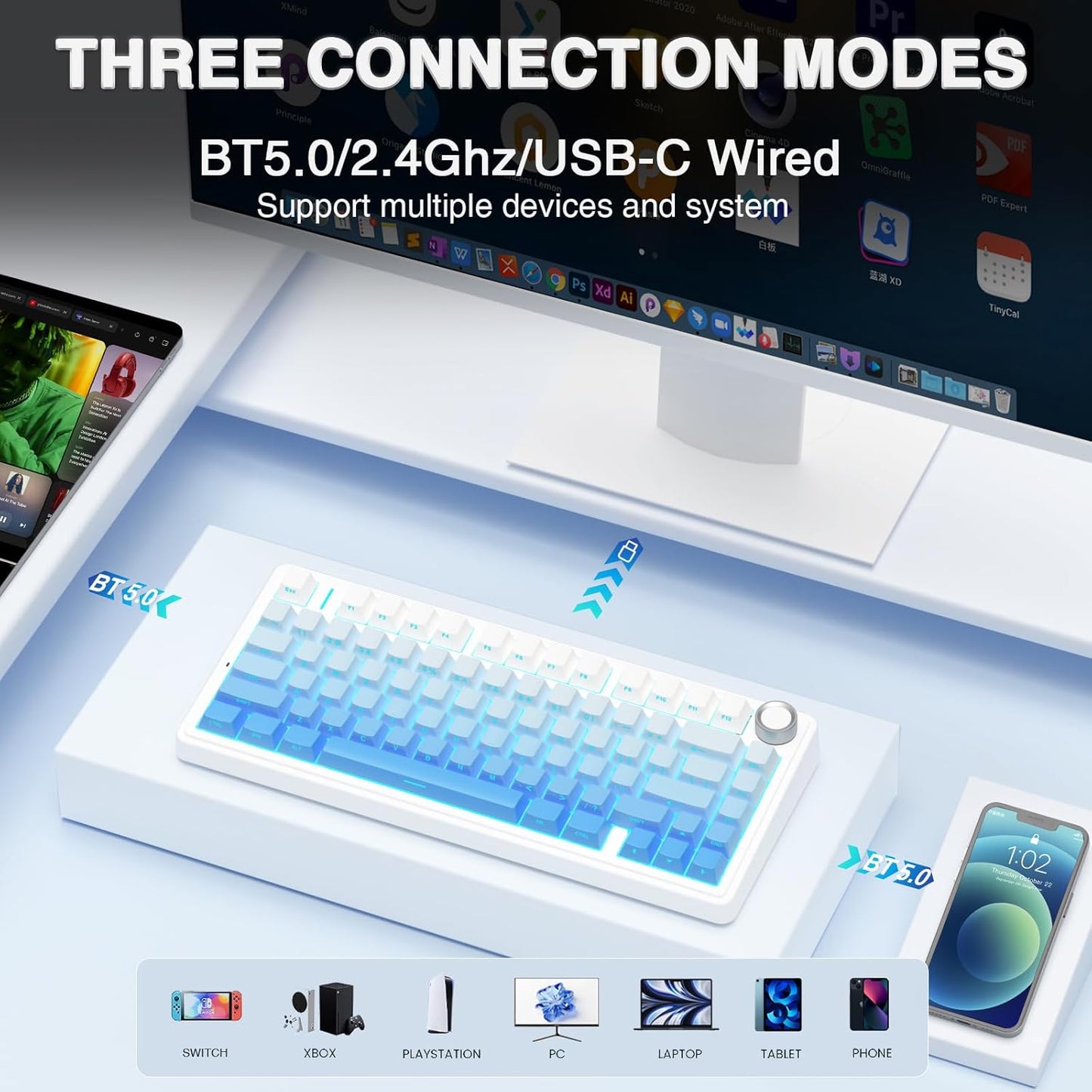F75 Pro Wireless Mechanical Keyboard,75% Hot Swappable Custom Keyboard,Rgb Backlit,Pre-Lubed Linear Switches,Side Printed PBT Keycaps Mechanical Gaming Keyboards,Gradient Blue