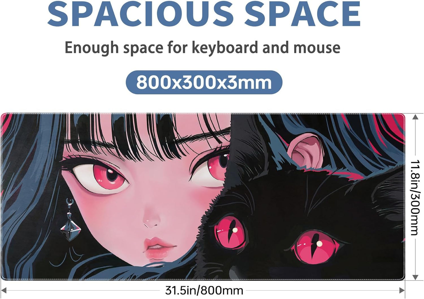 Cute Girl Cat Mouse Pad Anime Large Desk Mat Extended Keyboard Mouse Pad Kawaii Mousepad with Non-Slip Base and Stitched Edge Gaming Mouse Mat Desk Pad 31.5 X 11.8 in Mouse Pads for Desk Home Office