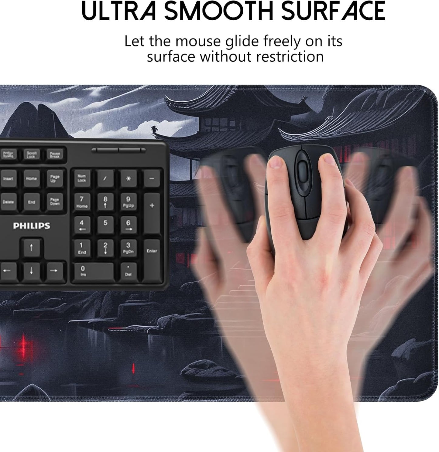 Large Gaming Mouse Pad, Anime Black Mousepad with Stitched Edges, Expanded Cool Desk Mat, Japanese Red Moon XL Keyboard Mat Suitable for Home Office,31.5 X 11.8 Inch