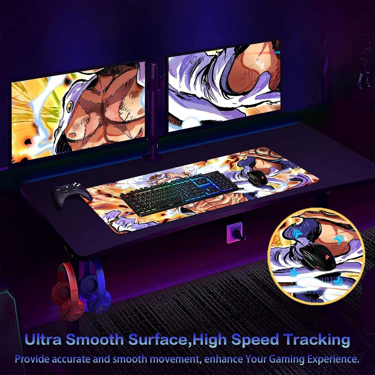 Extra Large Anime Mouse Pad Luffygear 5,Extended Large Gaming Mousepad,Non-Slip Rubber Base and Stitched Edges Desk Pad for Computer Home Office Work and Study,31.5"X15.7"