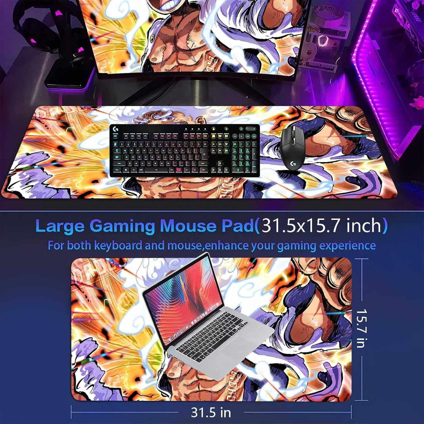Extra Large Anime Mouse Pad Luffygear 5,Extended Large Gaming Mousepad,Non-Slip Rubber Base and Stitched Edges Desk Pad for Computer Home Office Work and Study,31.5"X15.7"