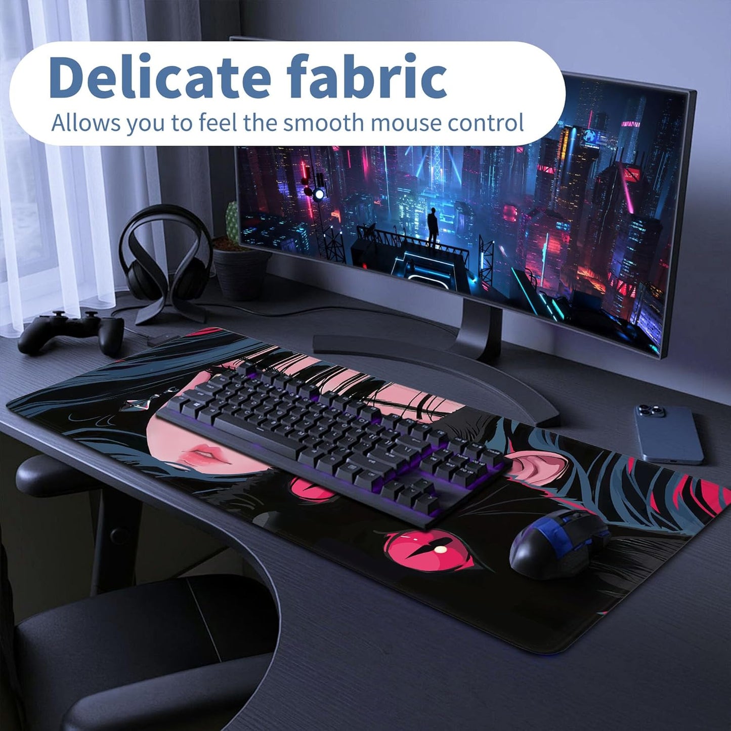 Cute Girl Cat Mouse Pad Anime Large Desk Mat Extended Keyboard Mouse Pad Kawaii Mousepad with Non-Slip Base and Stitched Edge Gaming Mouse Mat Desk Pad 31.5 X 11.8 in Mouse Pads for Desk Home Office