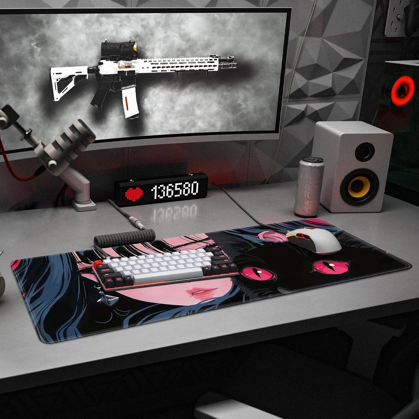 Cute Girl Cat Mouse Pad Anime Large Desk Mat Extended Keyboard Mouse Pad Kawaii Mousepad with Non-Slip Base and Stitched Edge Gaming Mouse Mat Desk Pad 31.5 X 11.8 in Mouse Pads for Desk Home Office