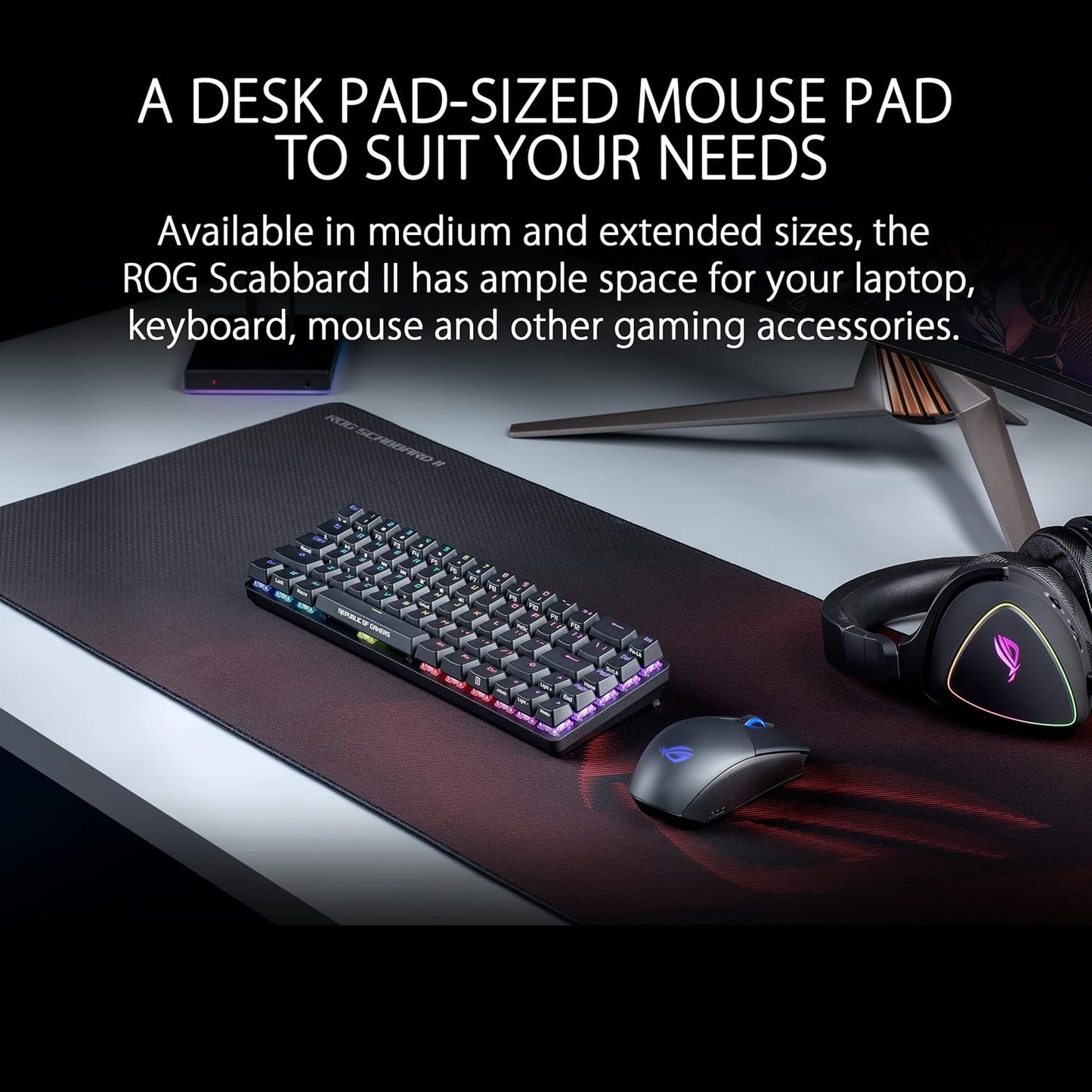 ROG Scabbard II Gaming Mouse Pad – 14.2” X 10.2” (Medium Size), Smooth Glide Surface, Water/Oil/Dust-Resistant, Anti-Fray Edges, Non-Slip Base - Black