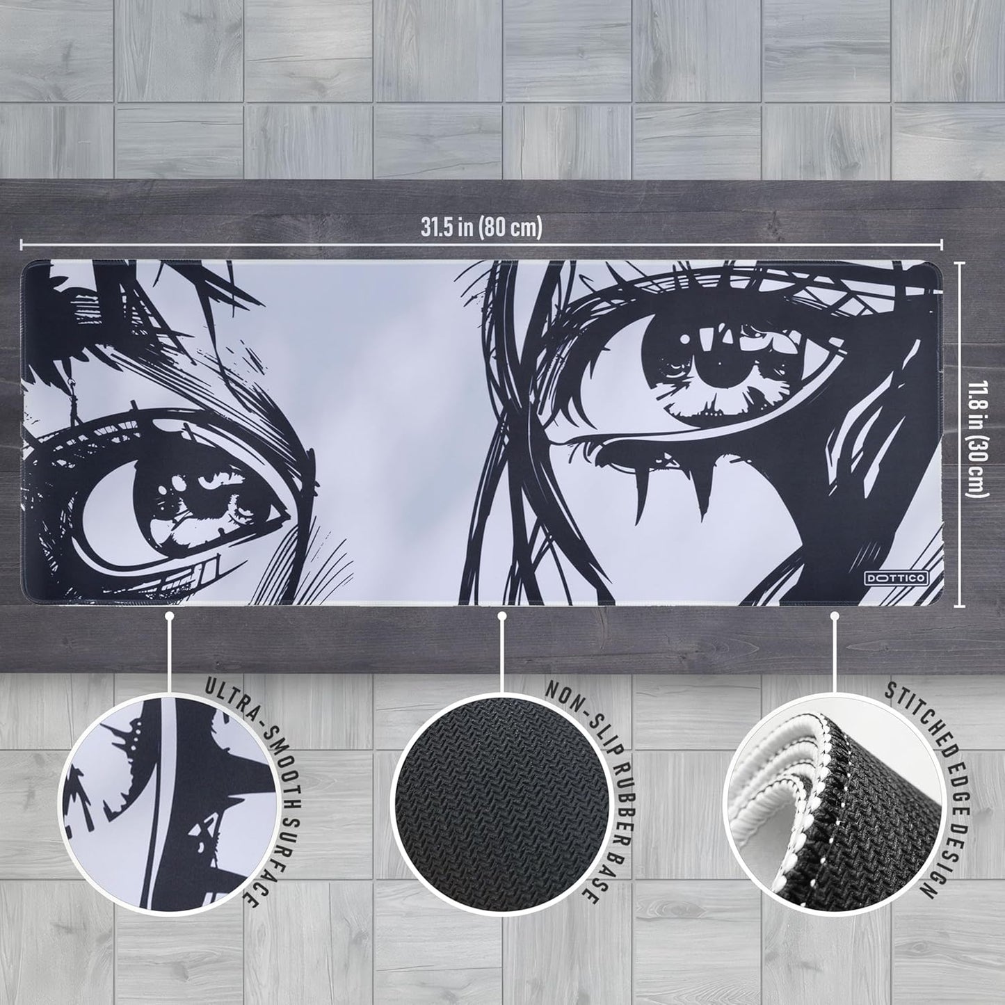 XL Anime Eyes Mouse Pad – Large Manga Girl Desk Mat 31.5X11.8 – Non-Slip, Water-Resistant, Stitched Edges – Aesthetic Japanese Gaming Mat