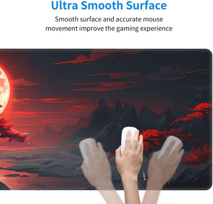 Gaming Mouse Pad Desk Pad,Extended Big Mouse Pad,31.5X11.8 Inch Long Computer Keyboard Mouse Mat Mousepad with 3Mm Non-Slip Base and Stitched Edge for Gaming and Office… (Red Moon Canyon)