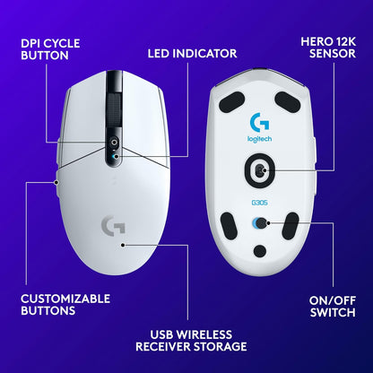 305 LIGHTSPEED Wireless Gaming Mouse, Hero 12K Sensor, 12,000 DPI, Lightweight, 6 Programmable Buttons, 250H Battery Life, On-Board Memory, Pc/Mac - White