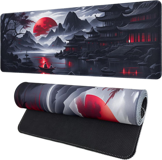 Large Gaming Mouse Pad, Anime Black Mousepad with Stitched Edges, Expanded Cool Desk Mat, Japanese Red Moon XL Keyboard Mat Suitable for Home Office,31.5 X 11.8 Inch